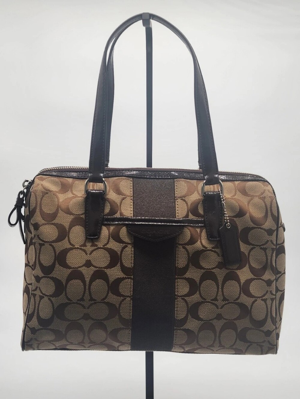 Coach Nancy Signature Stripe Satchel Brown Khaki NWT F28505